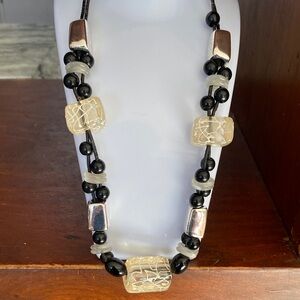 Chico's abstract funky Black and Cream Mixed Bead Necklace with Silver Accents